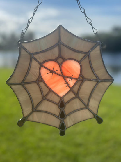 Gothic Stained Glass Spider Web Heart - Dark Decor Sun Catcher