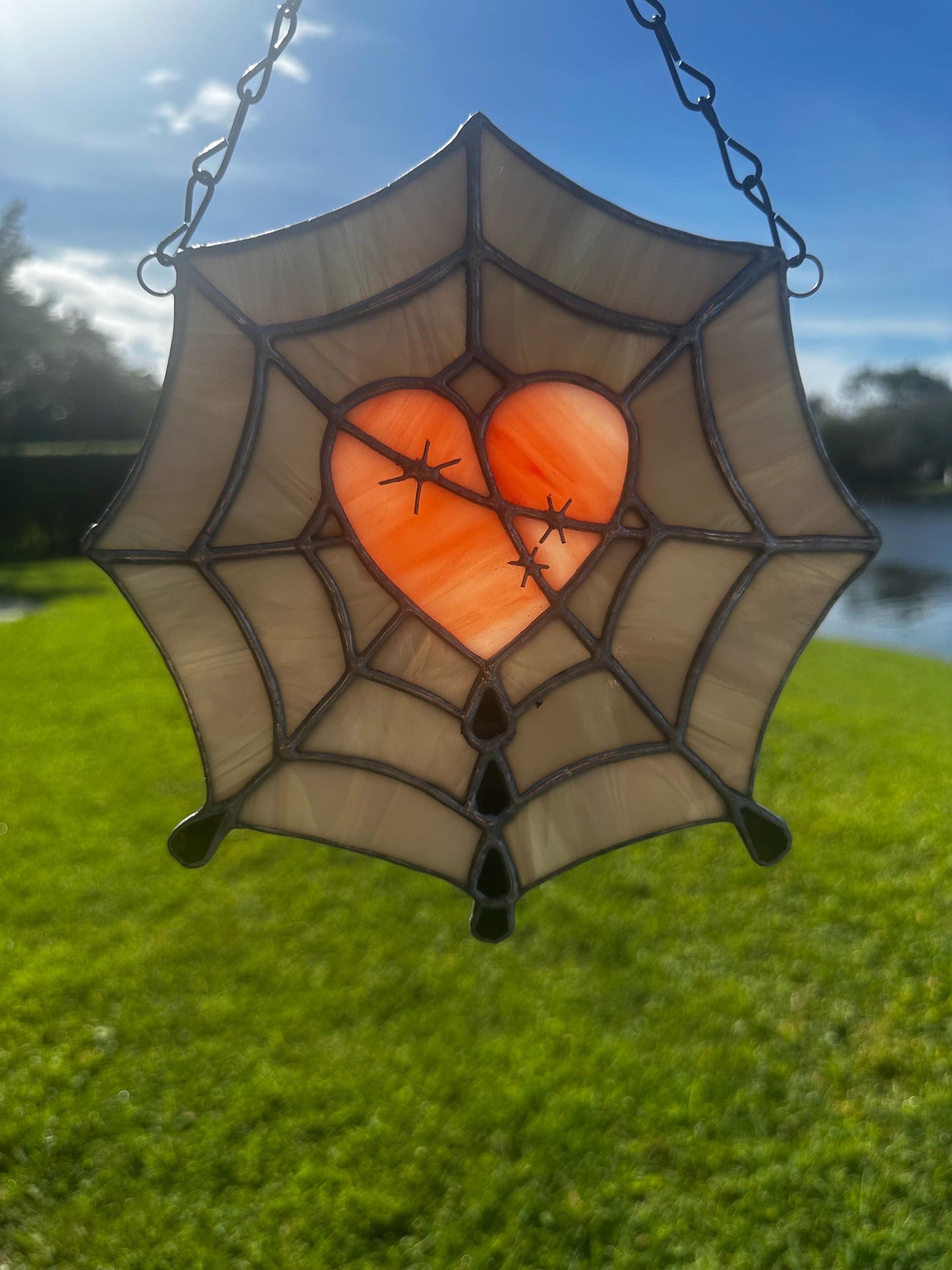 Gothic Stained Glass Spider Web Heart - Dark Decor Sun Catcher