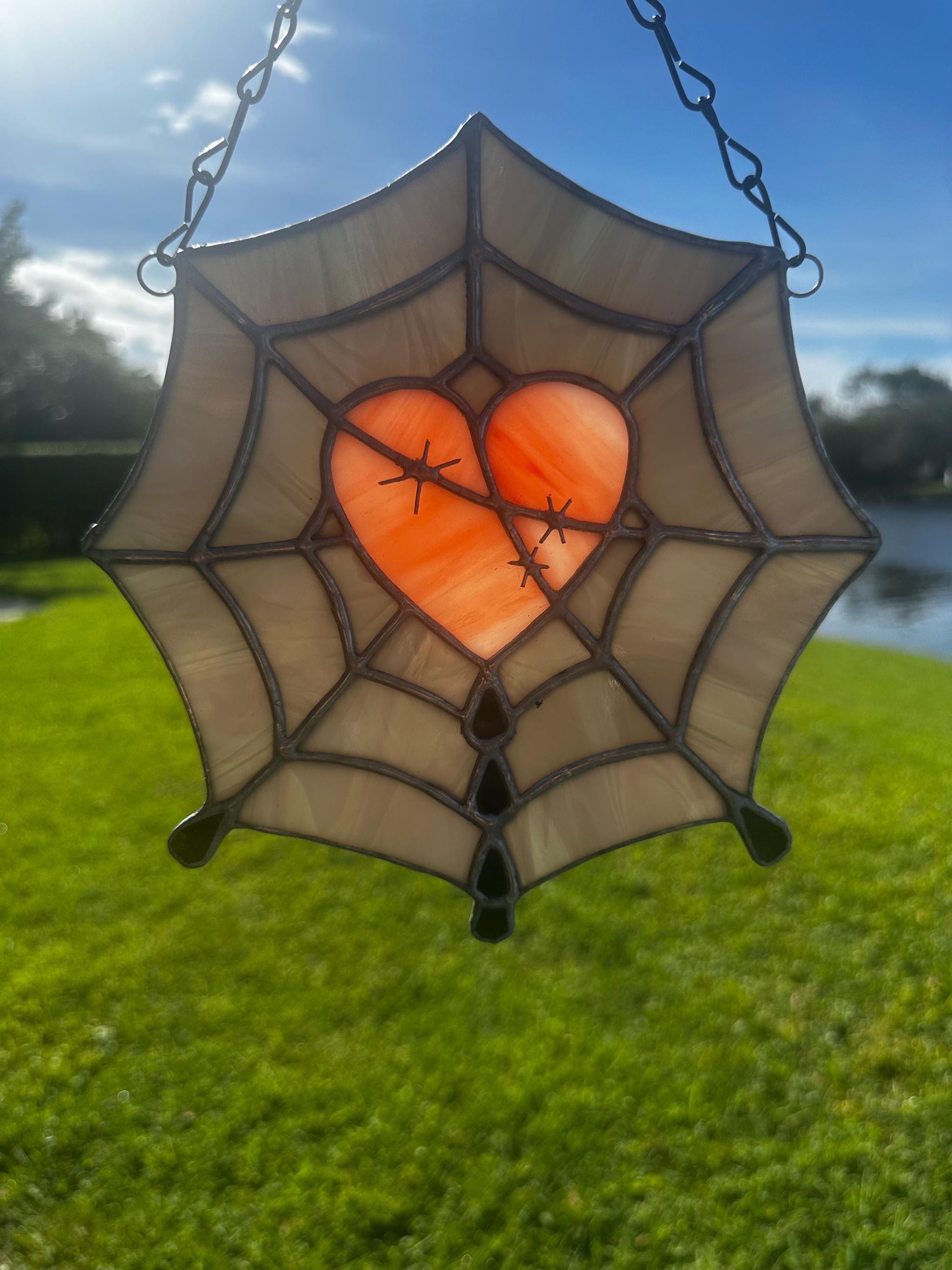Gothic Stained Glass Spider Web Heart - Dark Decor Sun Catcher
