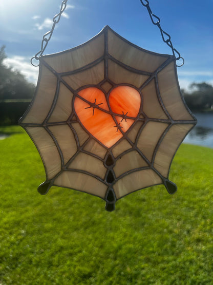 Gothic Stained Glass Spider Web Heart - Dark Decor Sun Catcher