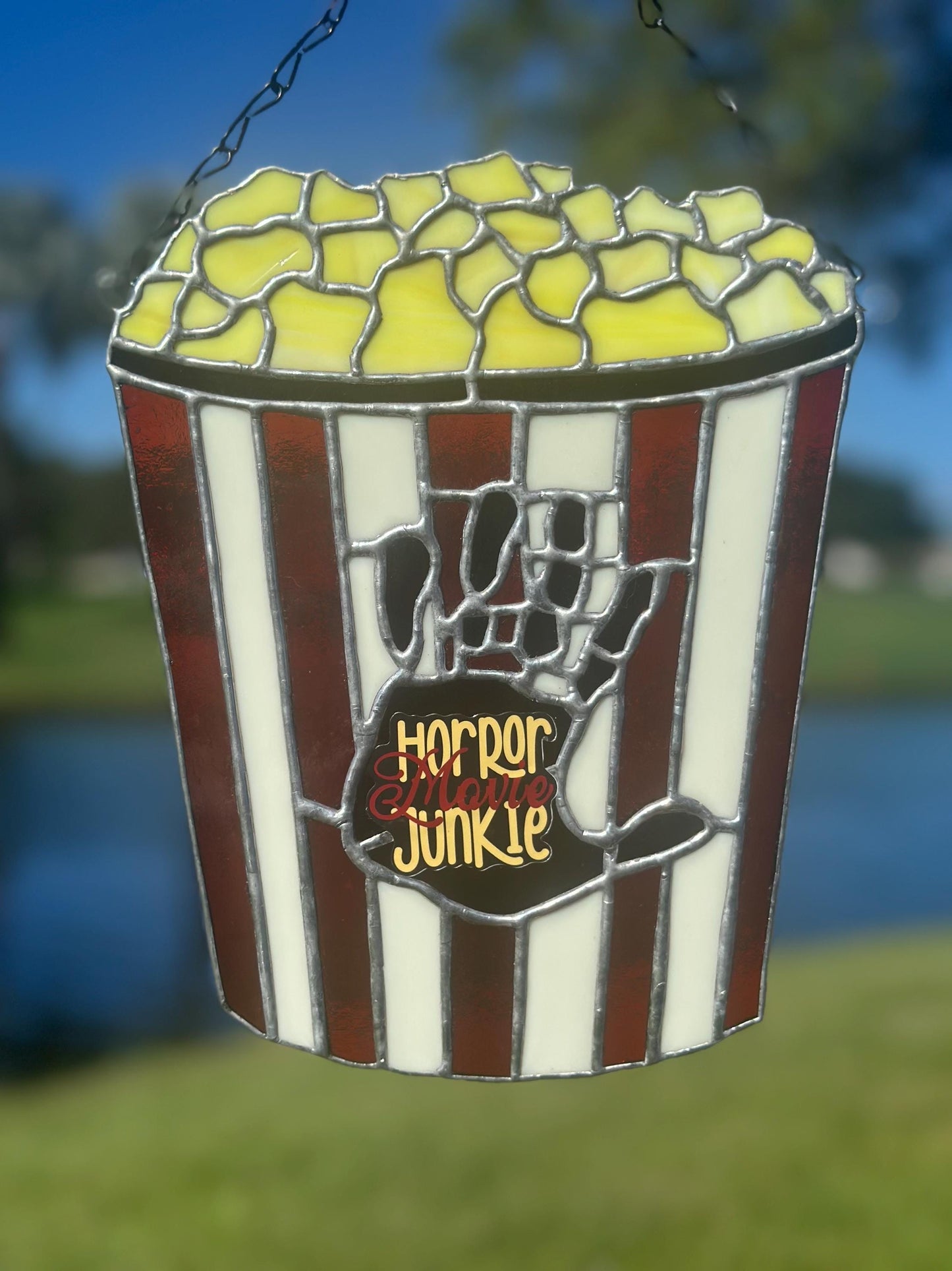 Horror Movie Junkie Stained Glass – Gothic Popcorn Art for Horror Fans & Goth Home Décor