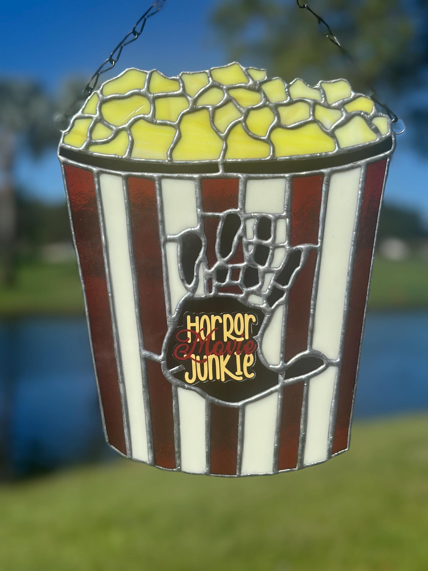 Horror Movie Junkie Stained Glass – Gothic Popcorn Art for Horror Fans & Goth Home Décor