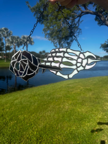 Stained Glass Skeleton Hand with Iridescent Rose – Gothic Window Suncatcher, Handmade Wall Hanging Art