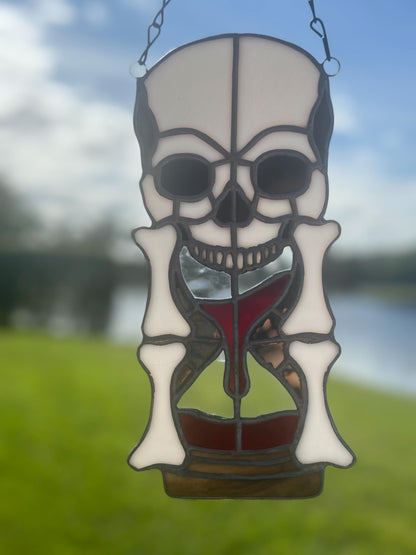Stained Glass Memento Mori Skull Hourglass — Gothic Home Decor Suncatcher