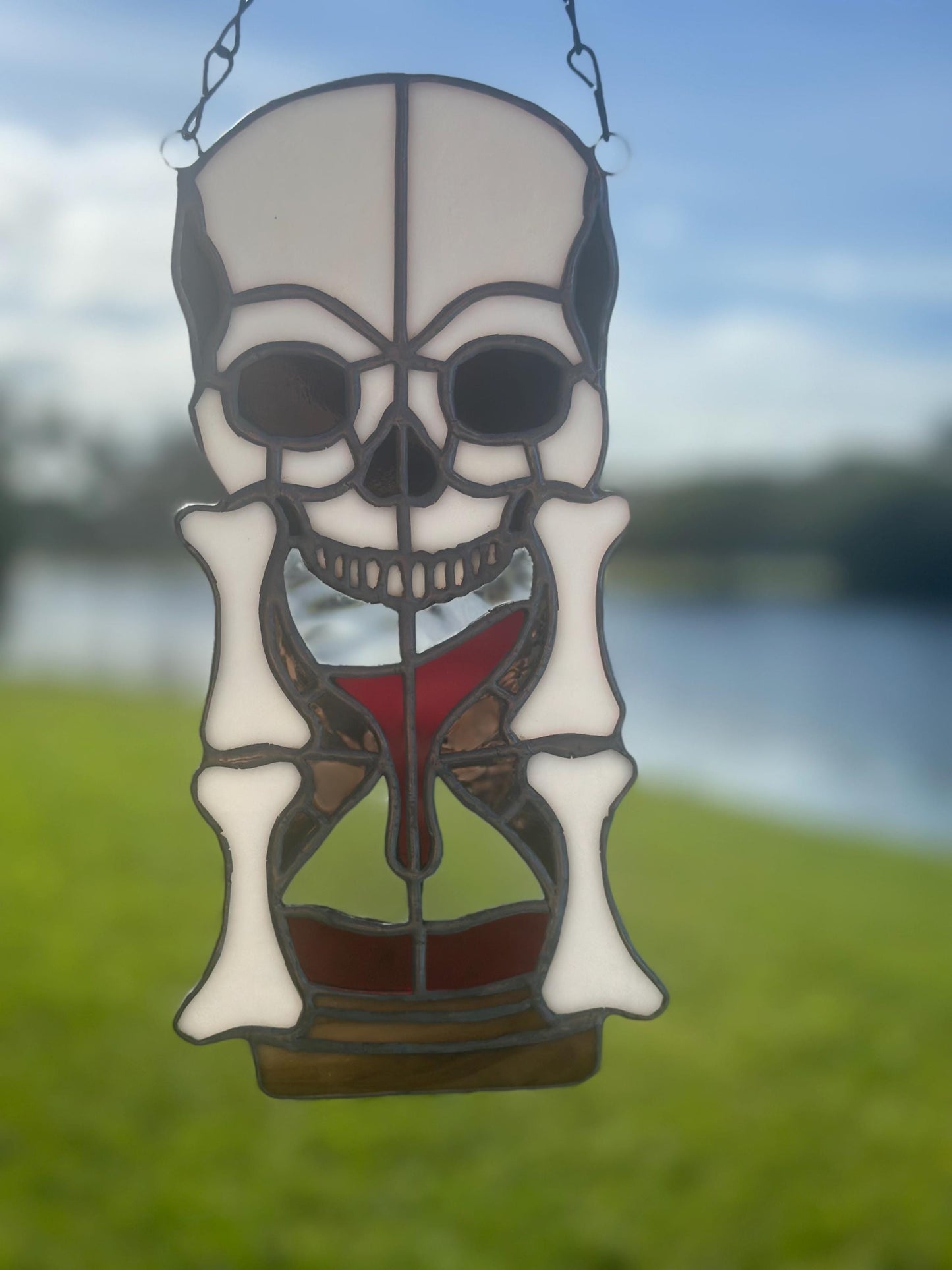 Stained Glass Memento Mori Skull Hourglass — Gothic Home Decor Suncatcher