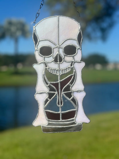 Stained Glass Memento Mori Skull Hourglass — Gothic Home Decor Suncatcher
