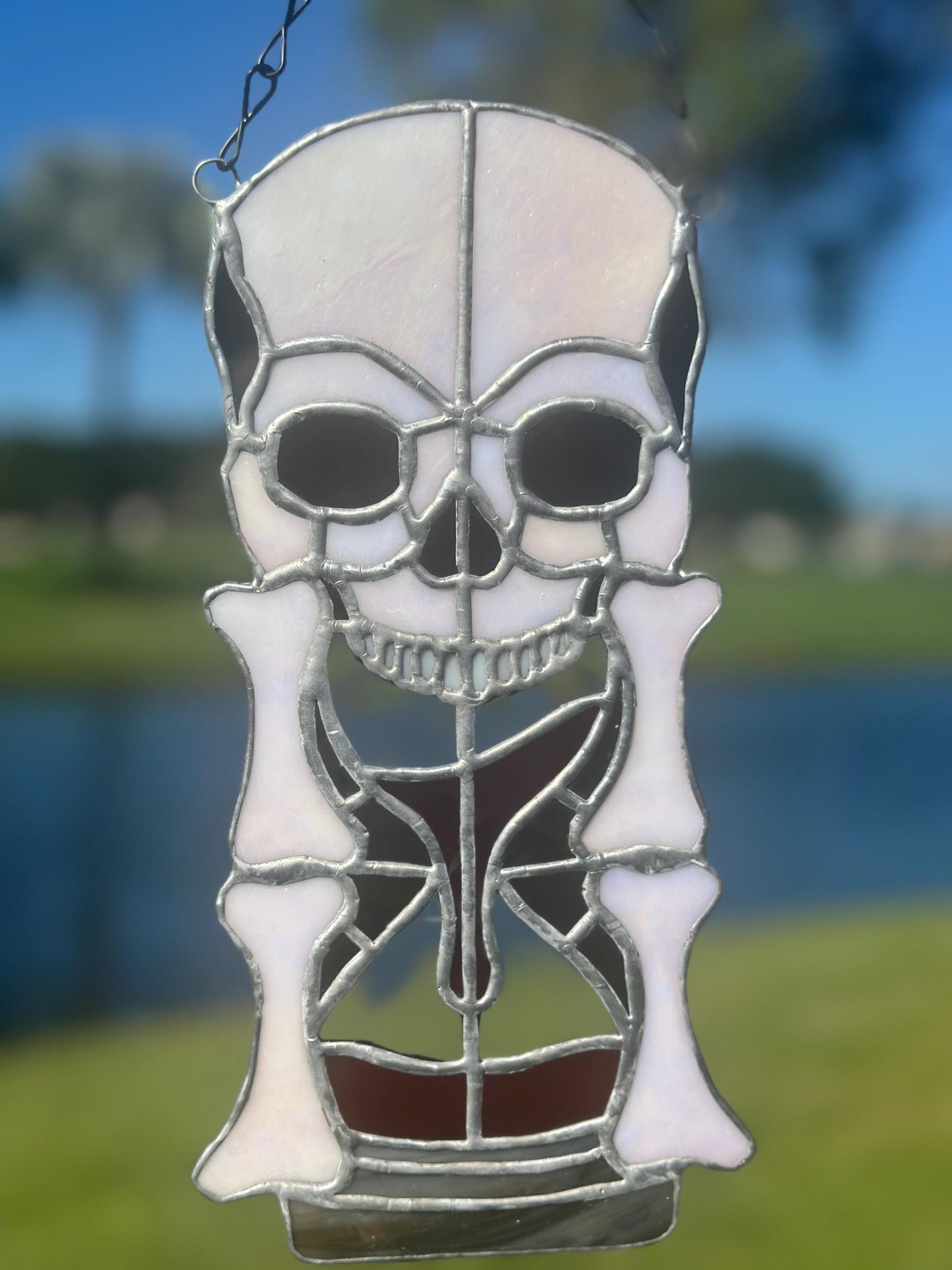 Stained Glass Memento Mori Skull Hourglass — Gothic Home Decor Suncatcher