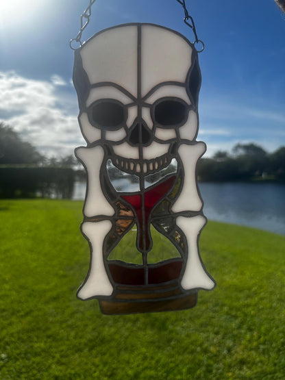 Stained Glass Memento Mori Skull Hourglass — Gothic Home Decor Suncatcher