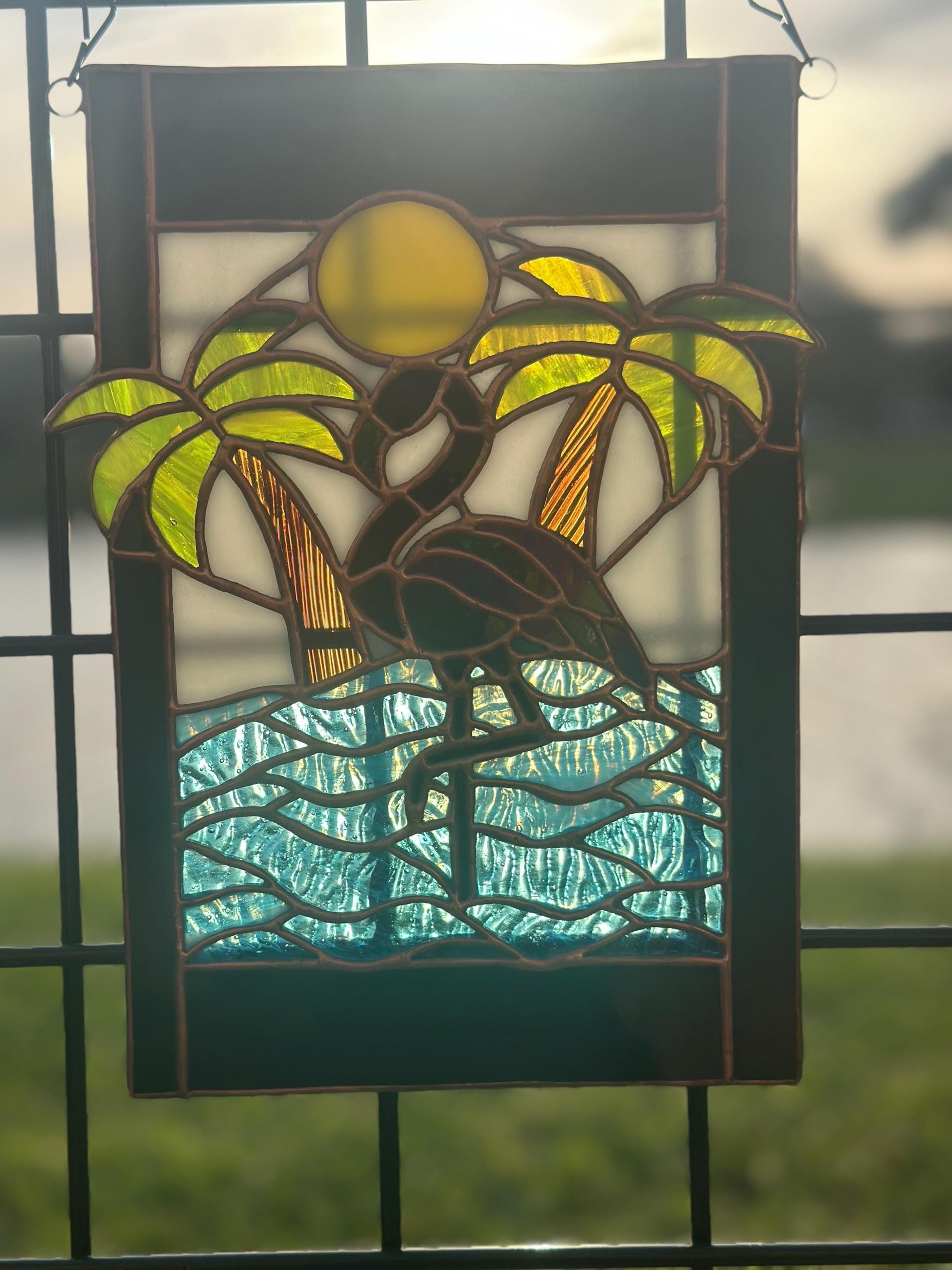 Tropical Black Flamingo Stained Glass Sun Catcher, Hand-Crafted Coastal Window Art