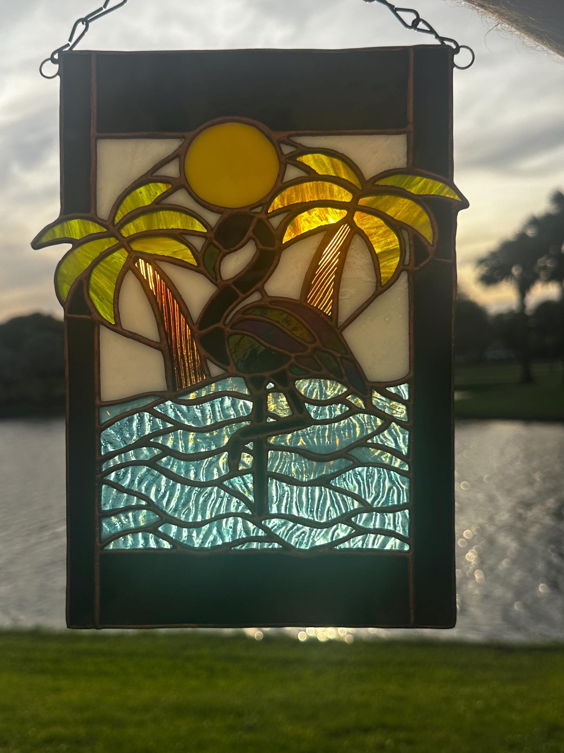 Tropical Black Flamingo Stained Glass Sun Catcher, Hand-Crafted Coastal Window Art