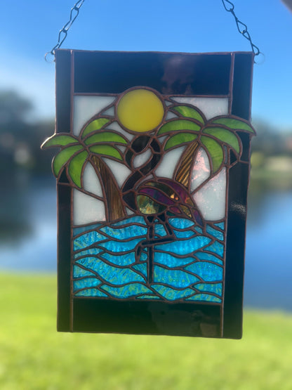 Tropical Black Flamingo Stained Glass Sun Catcher, Hand-Crafted Coastal Window Art