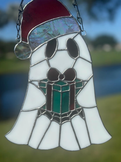 Spooky Christmas Ghost – Stained Glass Handmade Suncatcher with Santa Hat and Gift Box