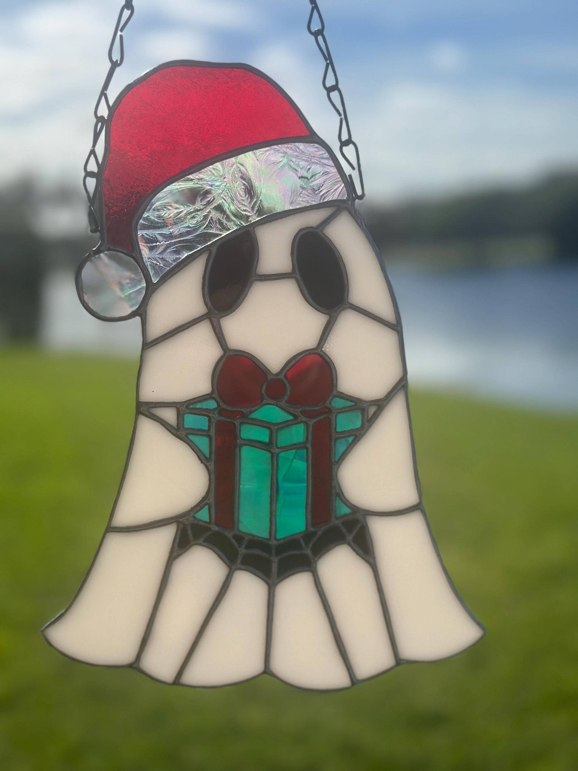 Spooky Christmas Ghost – Stained Glass Handmade Suncatcher with Santa Hat and Gift Box