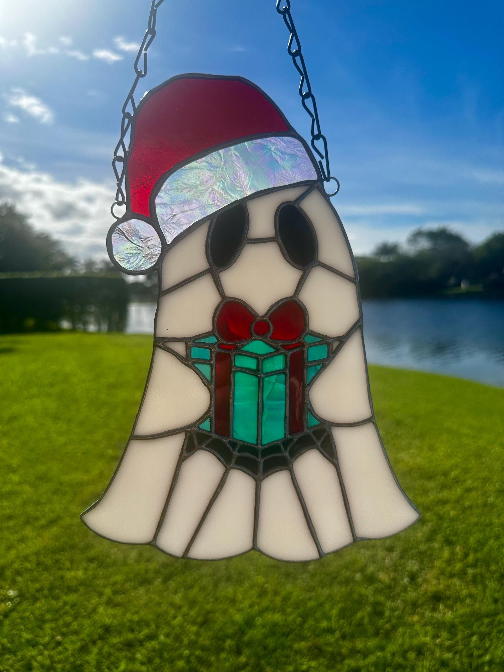 Spooky Christmas Ghost – Stained Glass Handmade Suncatcher with Santa Hat and Gift Box