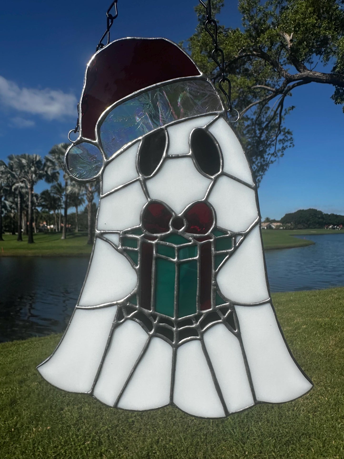 Spooky Christmas Ghost – Stained Glass Handmade Suncatcher with Santa Hat and Gift Box