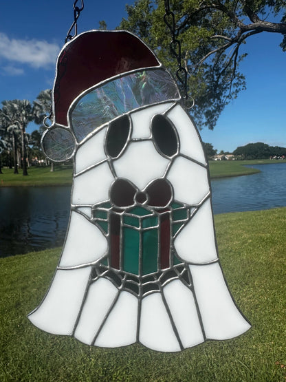 Spooky Christmas Ghost – Stained Glass Handmade Suncatcher with Santa Hat and Gift Box