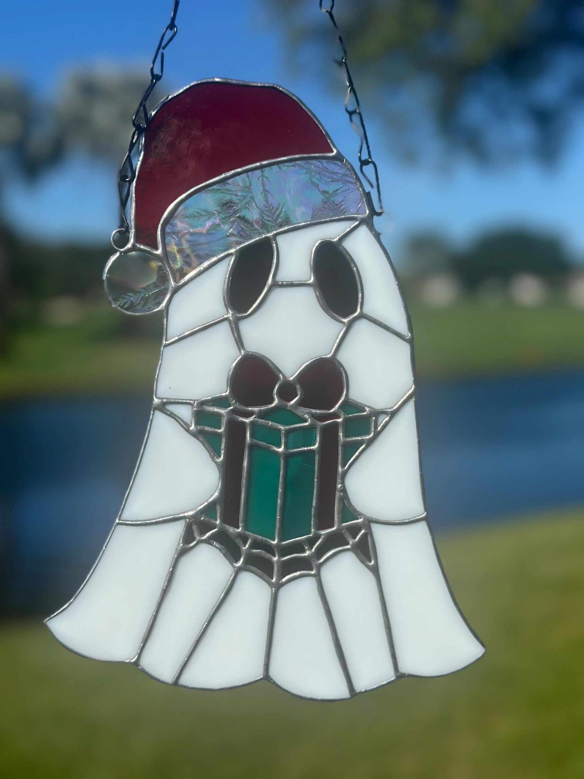 Spooky Christmas Ghost – Stained Glass Handmade Suncatcher with Santa Hat and Gift Box