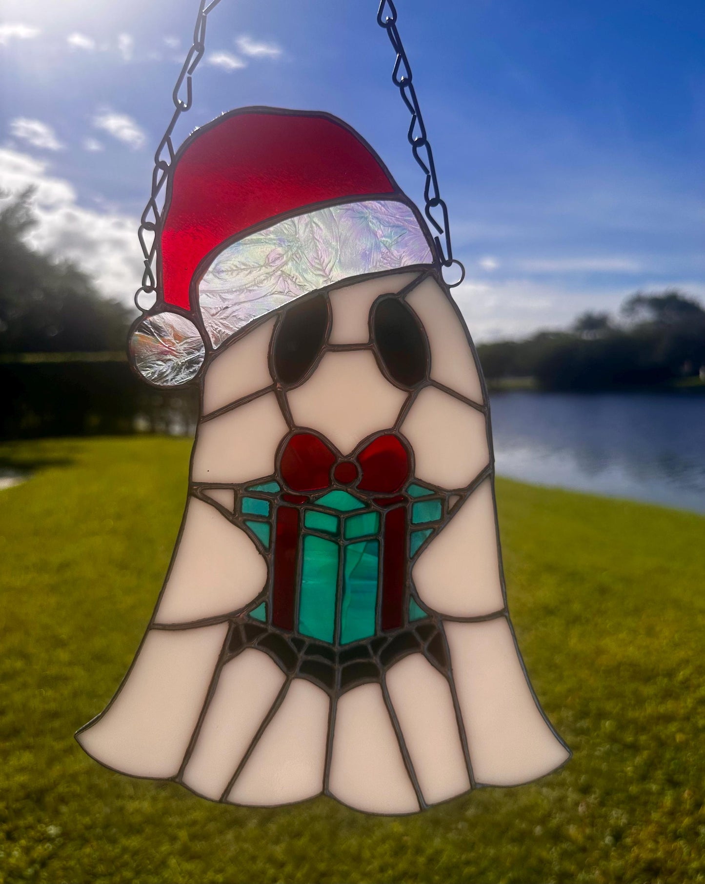 Spooky Christmas Ghost – Stained Glass Handmade Suncatcher with Santa Hat and Gift Box