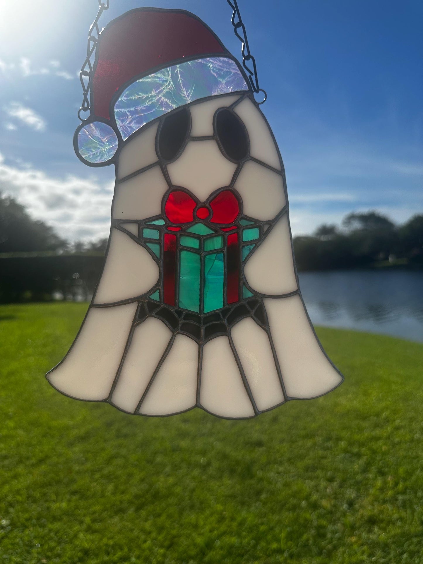 Spooky Christmas Ghost – Stained Glass Handmade Suncatcher with Santa Hat and Gift Box