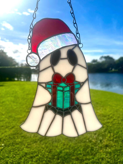 Spooky Christmas Ghost – Stained Glass Handmade Suncatcher with Santa Hat and Gift Box