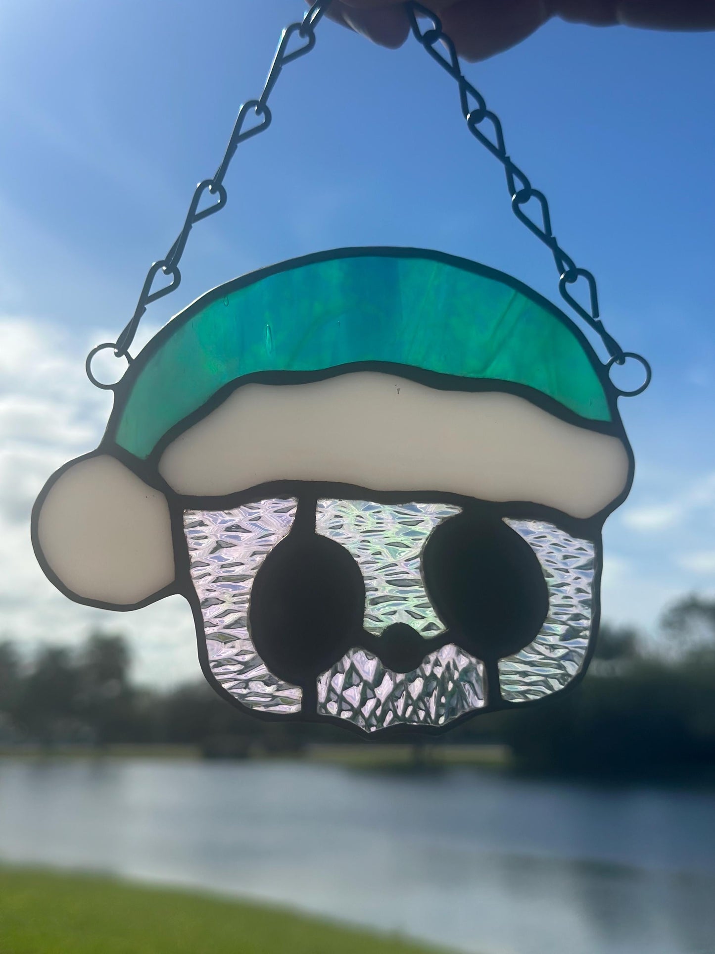 Holiday Skull Stained Glass – Gothic Christmas Suncatcher with Santa Hat | Creepy Cute Holiday Decor