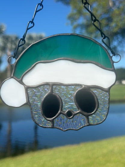 Holiday Skull Stained Glass – Gothic Christmas Suncatcher with Santa Hat | Creepy Cute Holiday Decor
