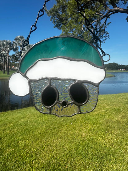 Holiday Skull Stained Glass – Gothic Christmas Suncatcher with Santa Hat | Creepy Cute Holiday Decor