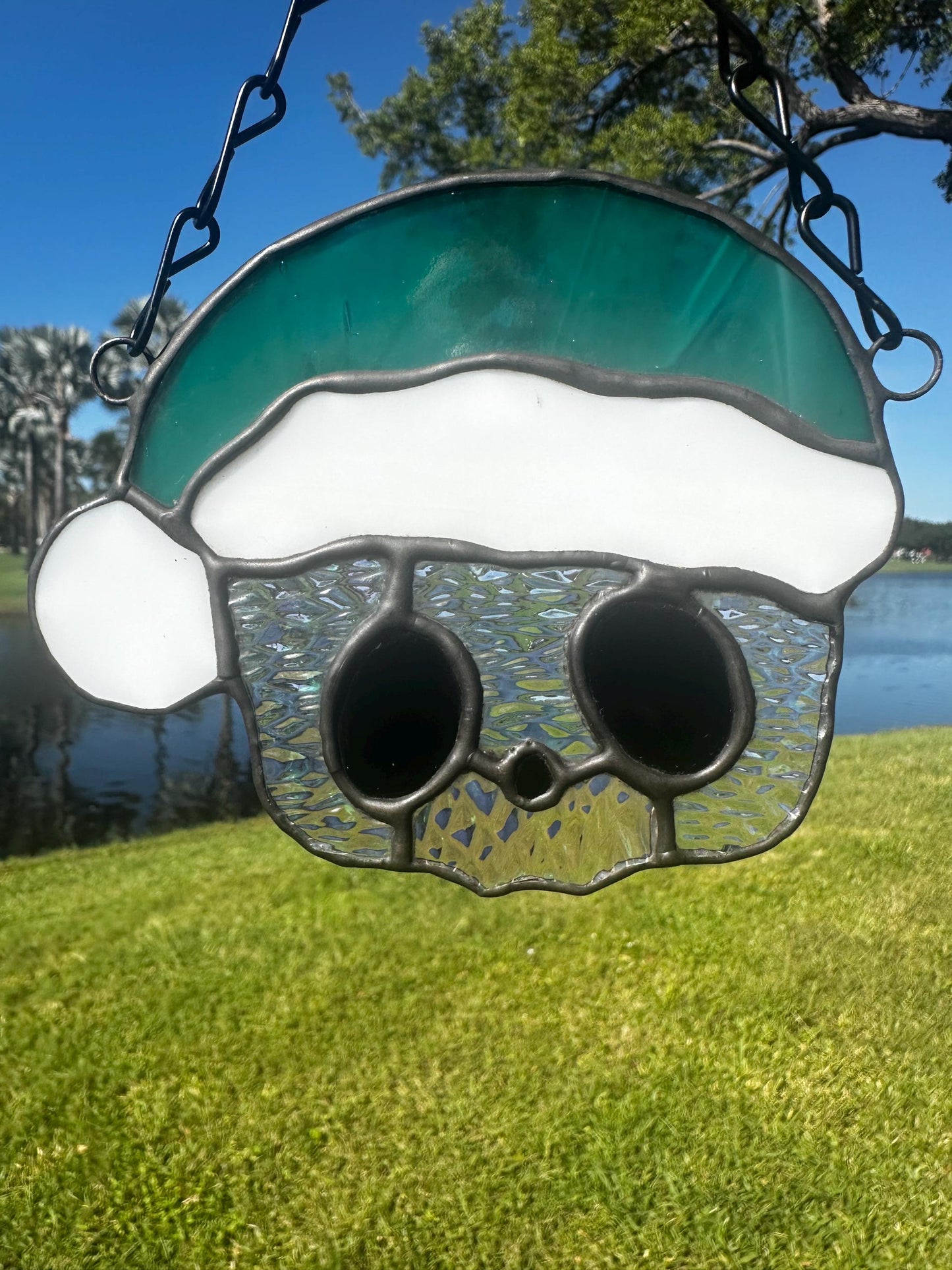 Holiday Skull Stained Glass – Gothic Christmas Suncatcher with Santa Hat | Creepy Cute Holiday Decor