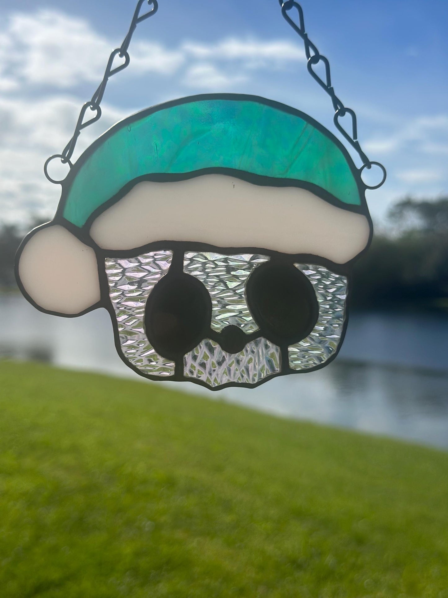 Holiday Skull Stained Glass – Gothic Christmas Suncatcher with Santa Hat | Creepy Cute Holiday Decor