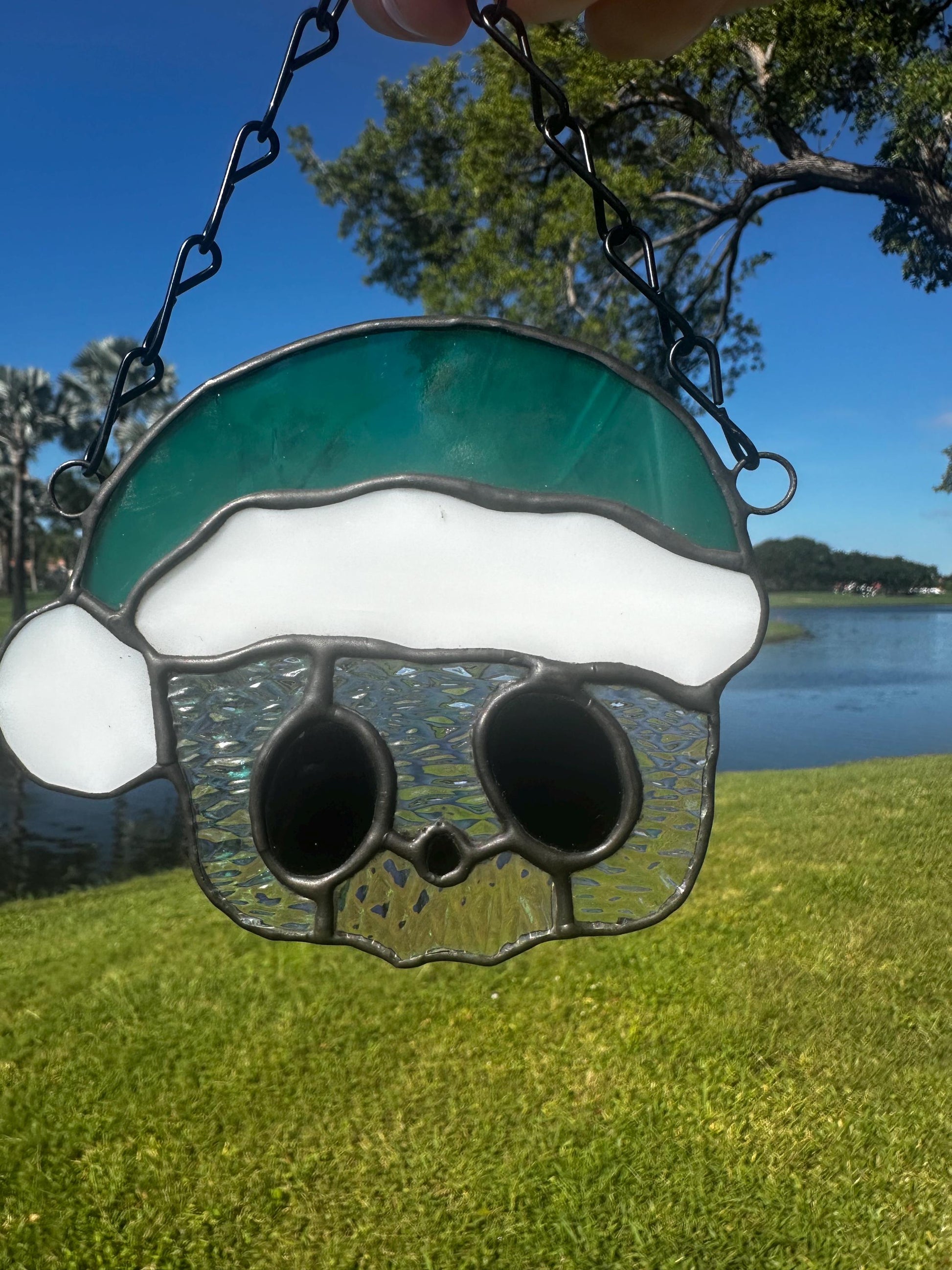 Holiday Skull Stained Glass – Gothic Christmas Suncatcher with Santa Hat | Creepy Cute Holiday Decor