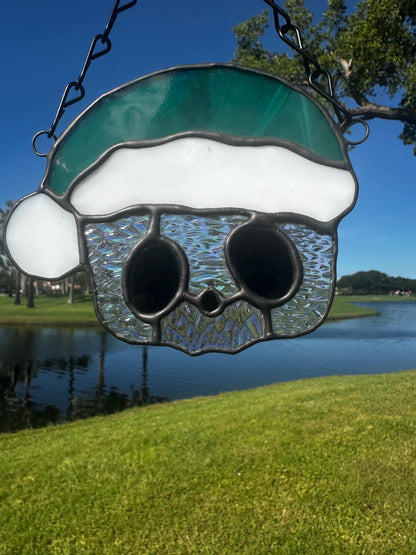 Holiday Skull Stained Glass – Gothic Christmas Suncatcher with Santa Hat | Creepy Cute Holiday Decor