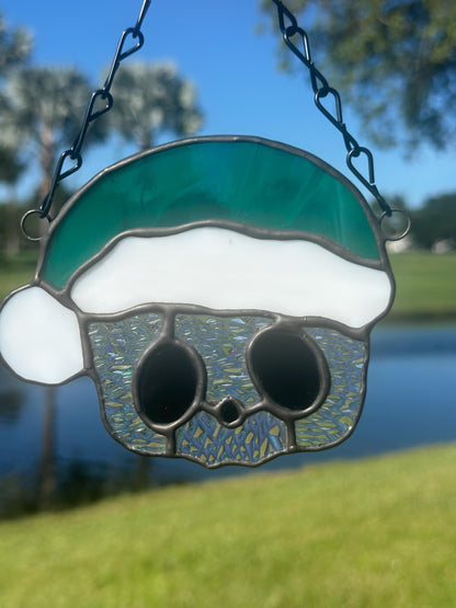 Holiday Skull Stained Glass – Gothic Christmas Suncatcher with Santa Hat | Creepy Cute Holiday Decor