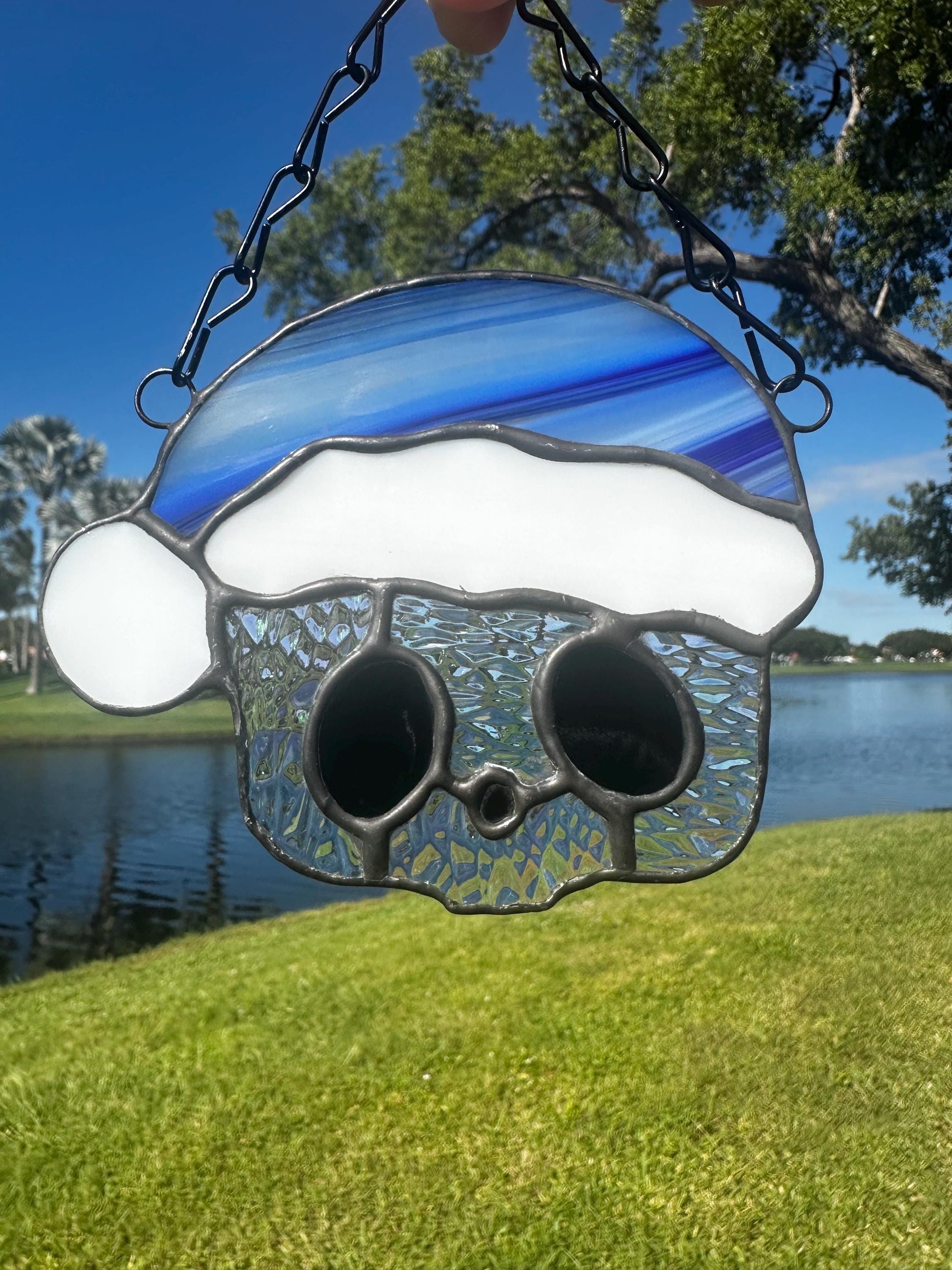 Blue Santa Skull Stained Glass – Gothic Christmas Suncatcher | Creepy Cute Holiday Window Decor