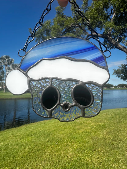 Blue Santa Skull Stained Glass – Gothic Christmas Suncatcher | Creepy Cute Holiday Window Decor