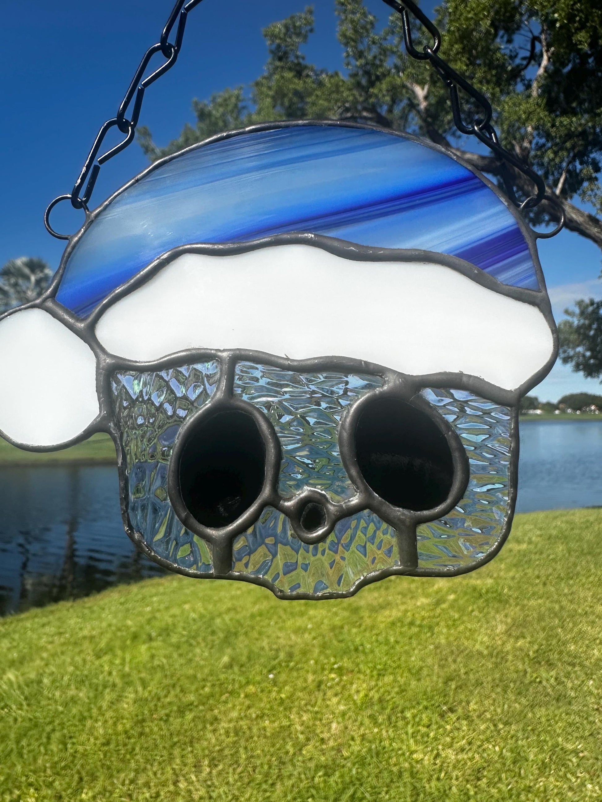 Blue Santa Skull Stained Glass – Gothic Christmas Suncatcher | Creepy Cute Holiday Window Decor