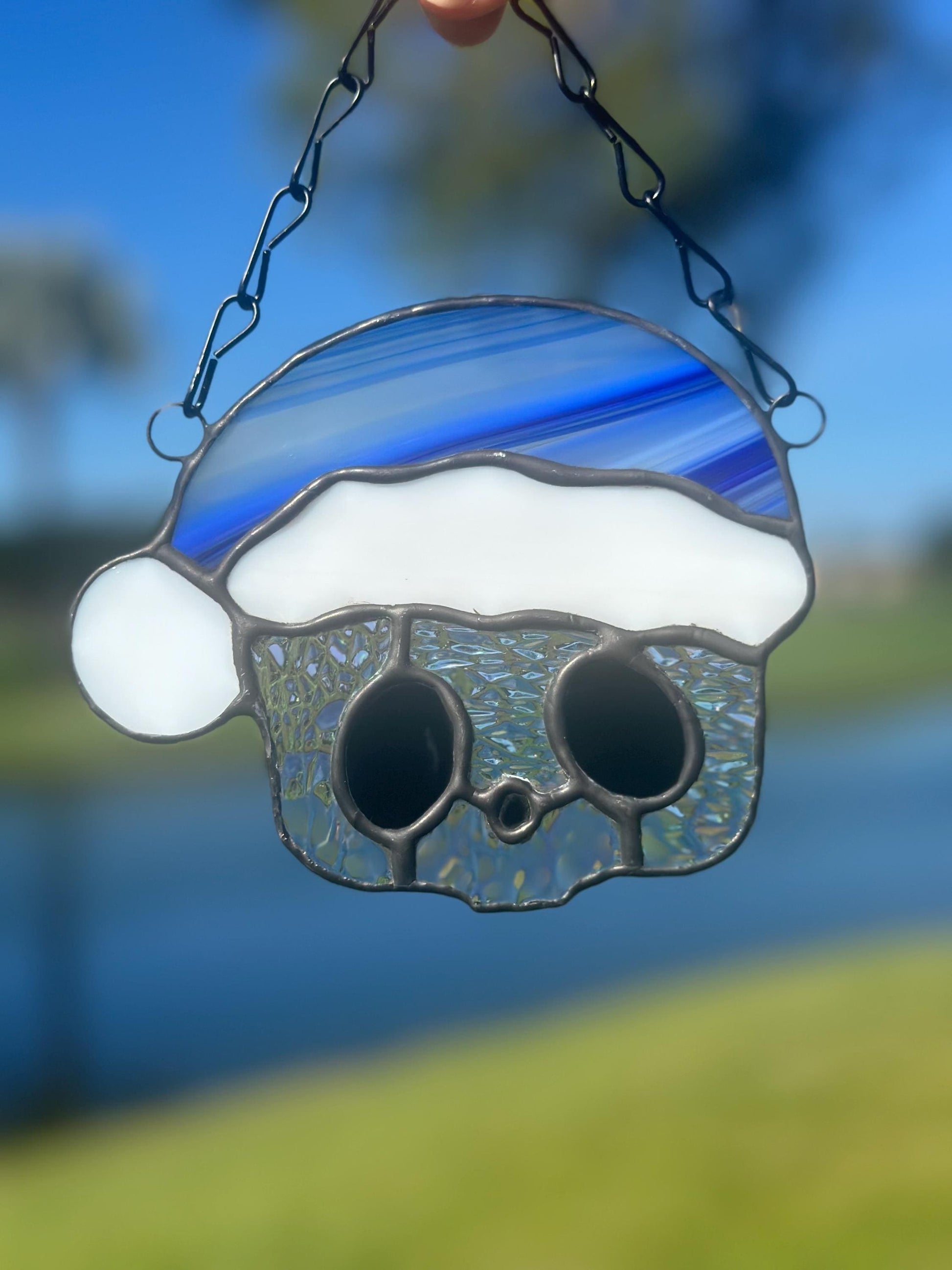 Blue Santa Skull Stained Glass – Gothic Christmas Suncatcher | Creepy Cute Holiday Window Decor