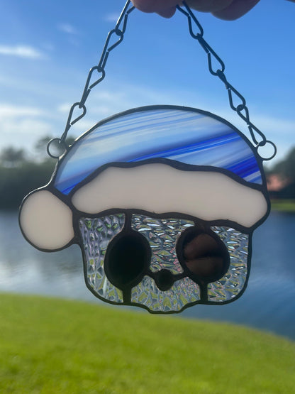 Blue Santa Skull Stained Glass – Gothic Christmas Suncatcher | Creepy Cute Holiday Window Decor