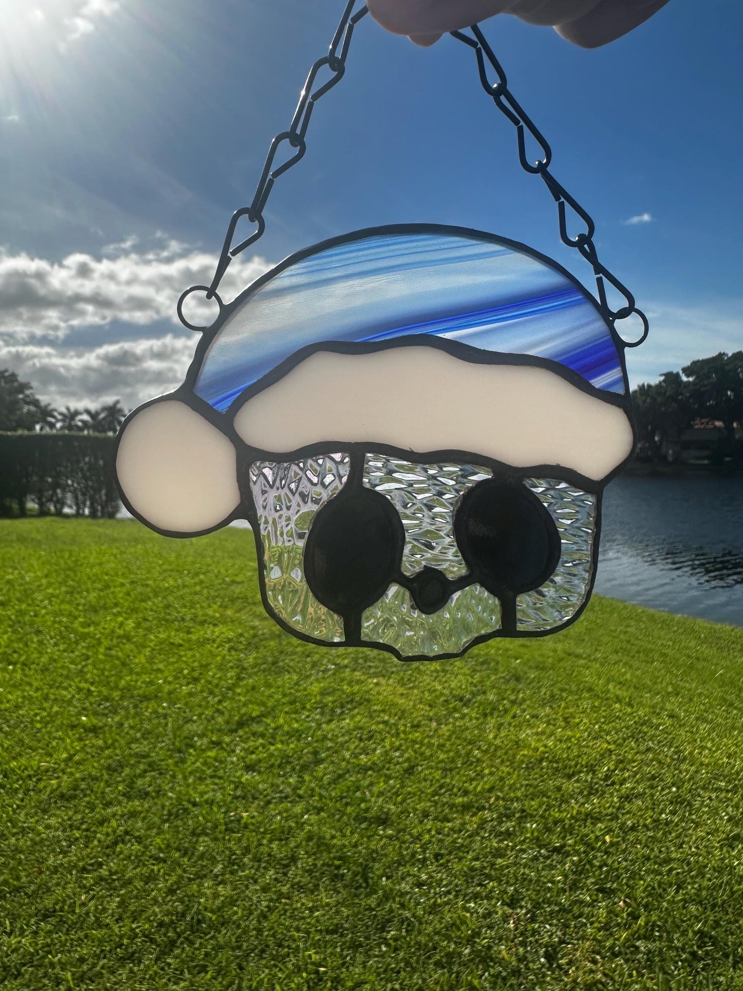 Blue Santa Skull Stained Glass – Gothic Christmas Suncatcher | Creepy Cute Holiday Window Decor