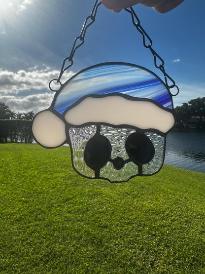Blue Santa Skull Stained Glass – Gothic Christmas Suncatcher | Creepy Cute Holiday Window Decor