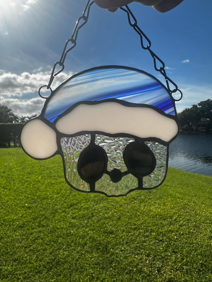 Blue Santa Skull Stained Glass – Gothic Christmas Suncatcher | Creepy Cute Holiday Window Decor