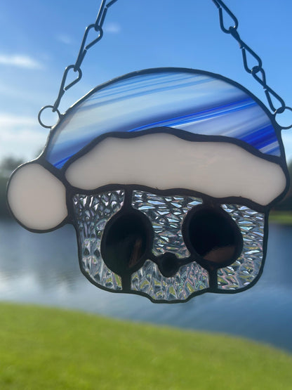 Blue Santa Skull Stained Glass – Gothic Christmas Suncatcher | Creepy Cute Holiday Window Decor