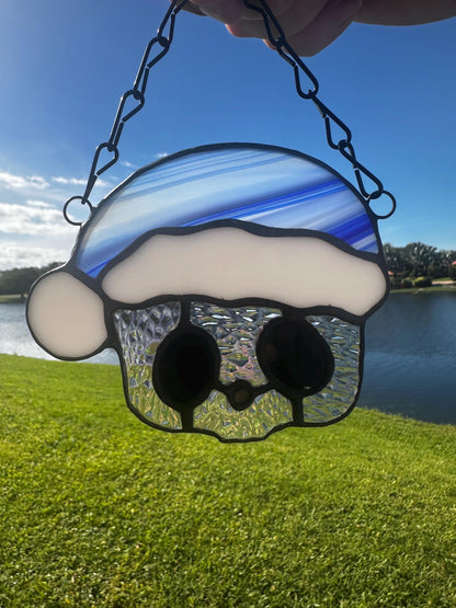 Blue Santa Skull Stained Glass – Gothic Christmas Suncatcher | Creepy Cute Holiday Window Decor