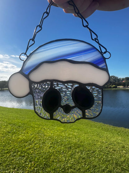 Blue Santa Skull Stained Glass – Gothic Christmas Suncatcher | Creepy Cute Holiday Window Decor