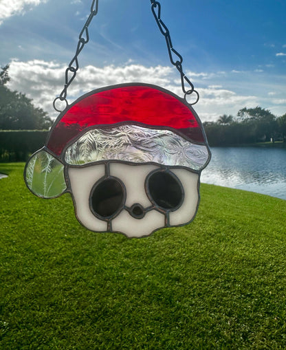 Red Santa Skull Stained Glass – Gothic Christmas Suncatcher | Creepy Cute Holiday Window Decor