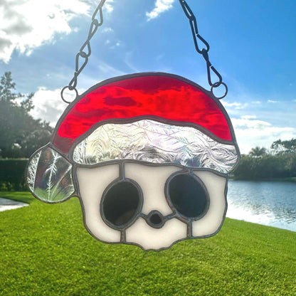 Red Santa Skull Stained Glass – Gothic Christmas Suncatcher | Creepy Cute Holiday Window Decor