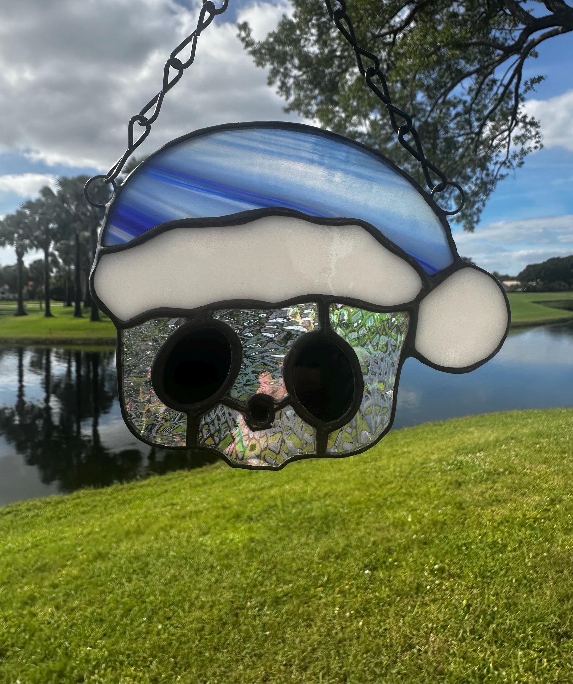 Blue Santa Skull Stained Glass – Gothic Christmas Suncatcher | Creepy Cute Holiday Window Decor