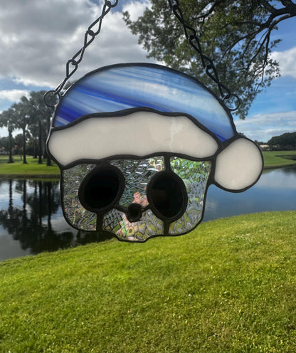 Blue Santa Skull Stained Glass – Gothic Christmas Suncatcher | Creepy Cute Holiday Window Decor