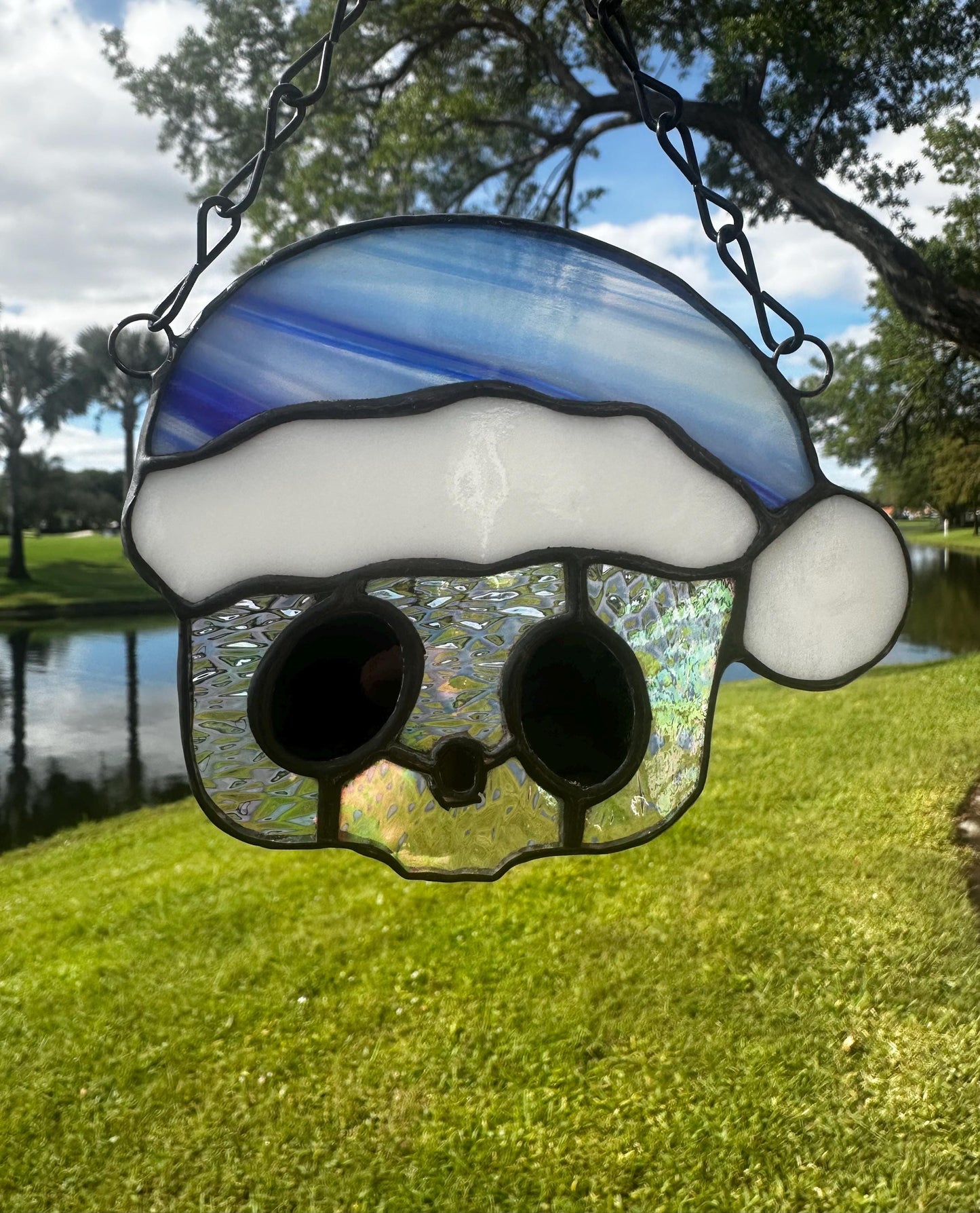 Blue Santa Skull Stained Glass – Gothic Christmas Suncatcher | Creepy Cute Holiday Window Decor
