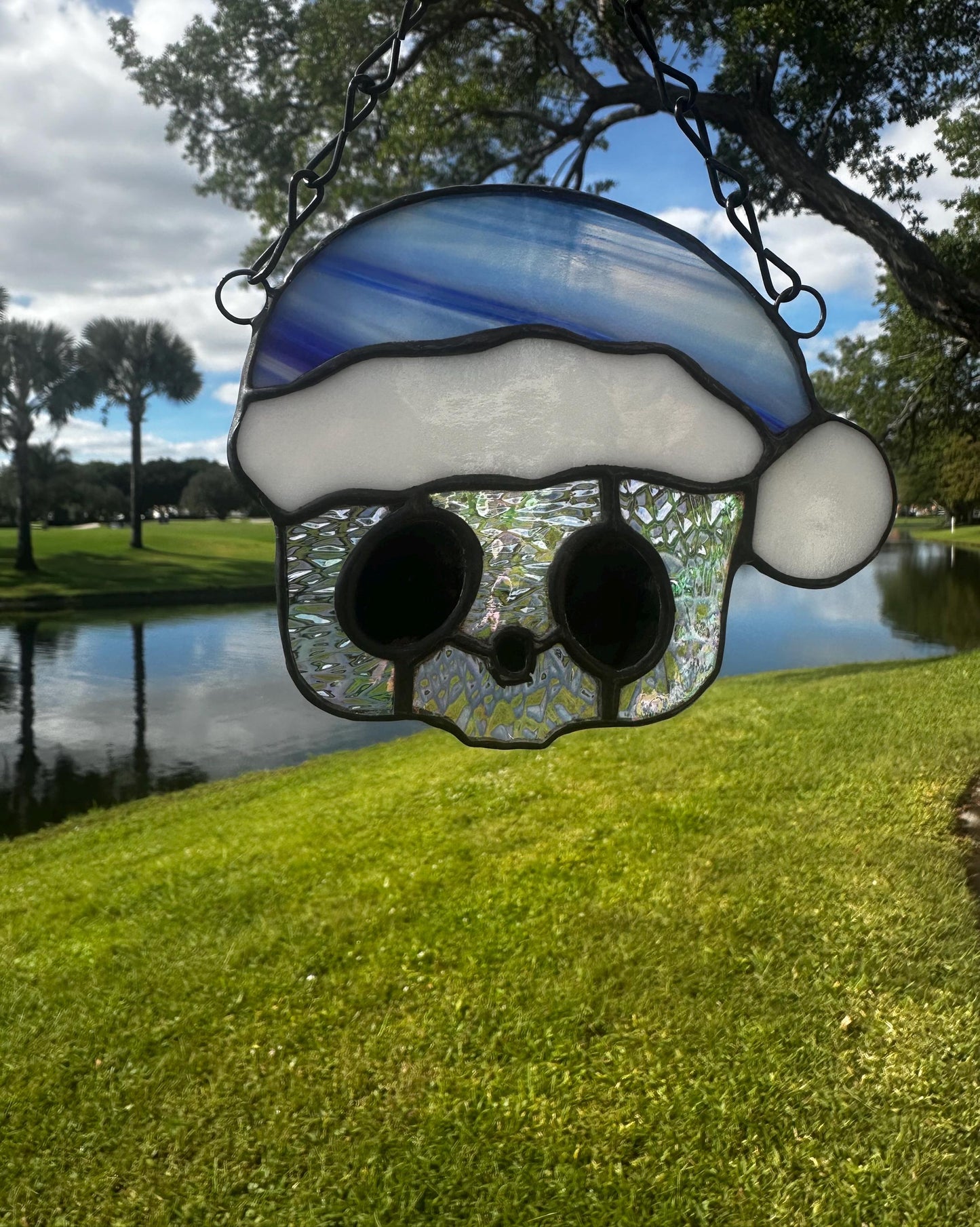 Blue Santa Skull Stained Glass – Gothic Christmas Suncatcher | Creepy Cute Holiday Window Decor