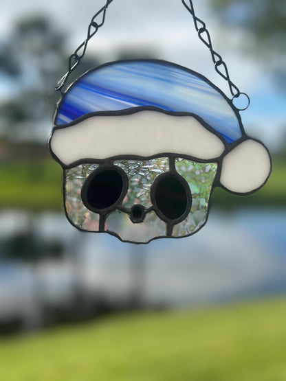 Blue Santa Skull Stained Glass – Gothic Christmas Suncatcher | Creepy Cute Holiday Window Decor